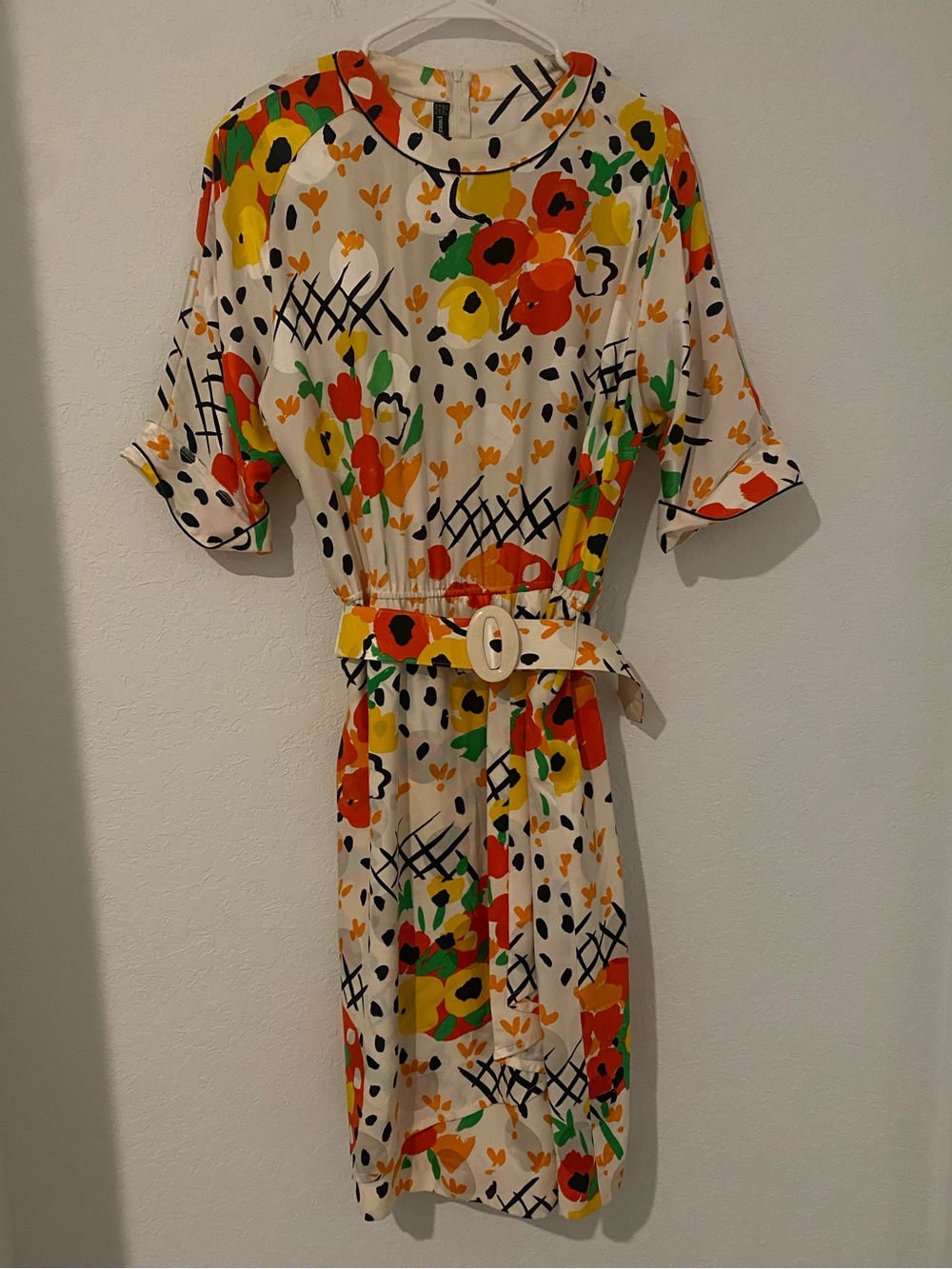 Louis Feraud White Midi Dress with Orange, Yellow & Green Floral Print